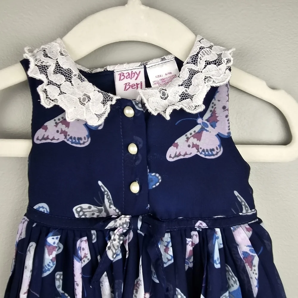 BABY‎ BERI Pleated Whimsical Dress Lace Collar Butterfly Navy Baby Girls 6-9 M